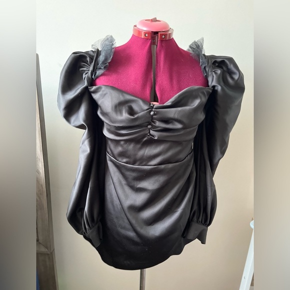 CB House Cherie Black Satin Puff Sleeve Dress (size L) - Picture 5 of 14